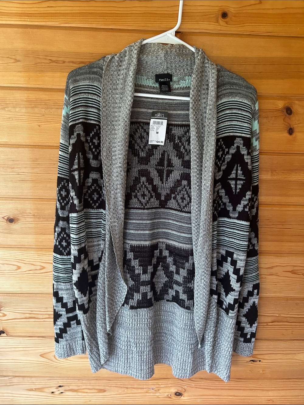 Rue21 Gray, Black & Light Blue Open-Front Geometric Cardigan